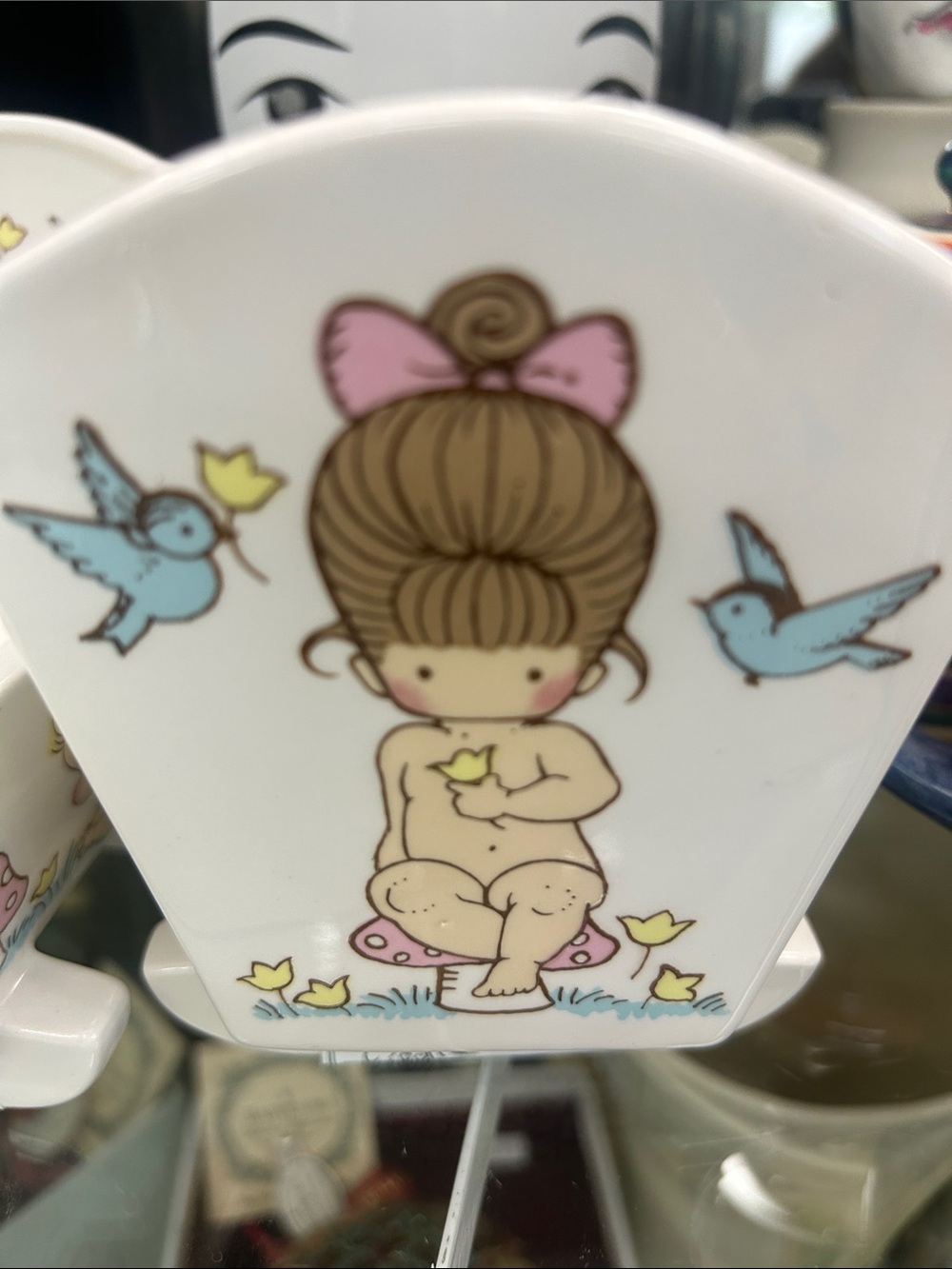2 each Hand-Painted Ceramic Baby Dish with Blue Birds